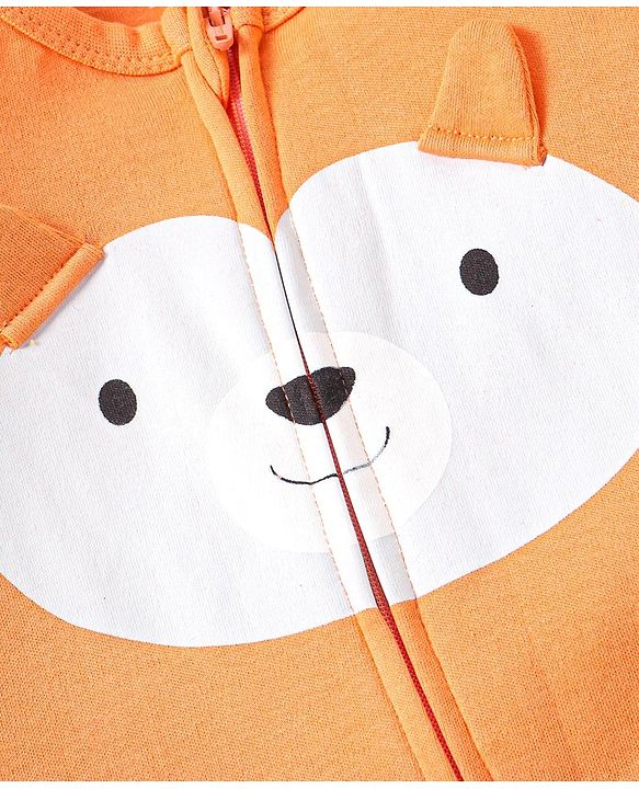 Babyhug Interlock Full Sleeves Sleepsuit Bear Face Print with Pop Up Ears - Orange