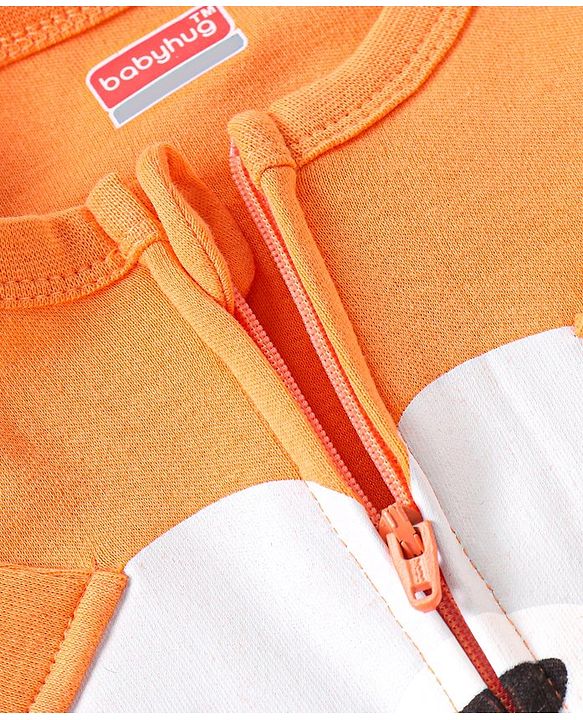Babyhug Interlock Full Sleeves Sleepsuit Bear Face Print with Pop Up Ears - Orange