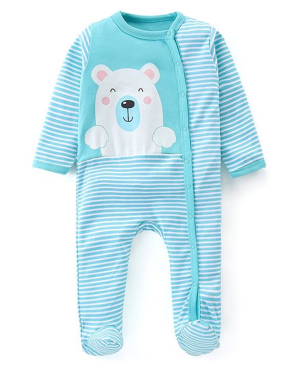 Babyhug Cotton Knit Full Sleeves Striped Footed Sleep Suit with Bear Print - Blue
