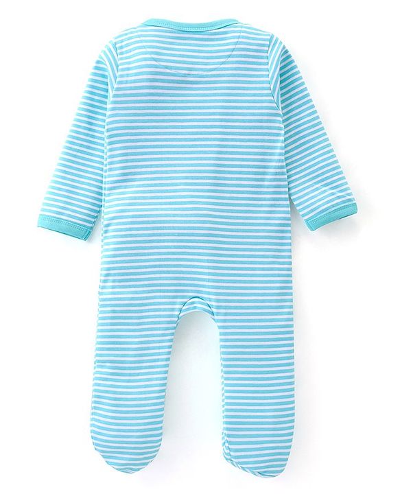 Babyhug Cotton Knit Full Sleeves Striped Footed Sleep Suit with Bear Print - Blue
