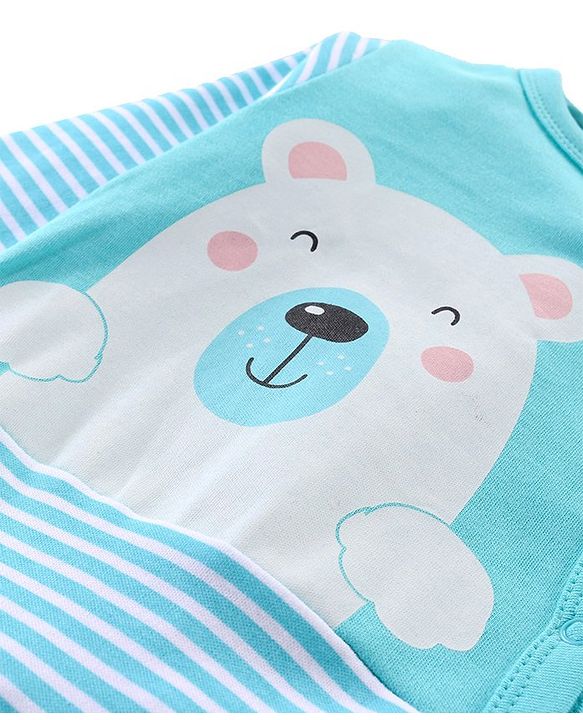 Babyhug Cotton Knit Full Sleeves Striped Footed Sleep Suit with Bear Print - Blue