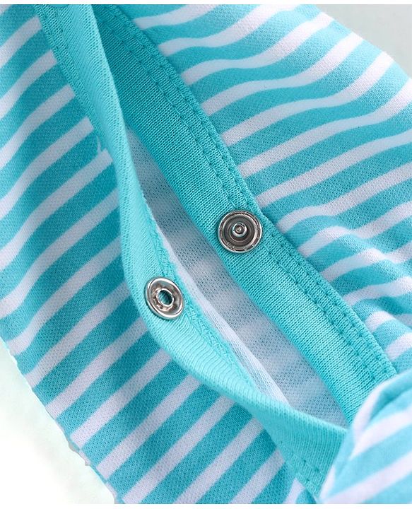 Babyhug Cotton Knit Full Sleeves Striped Footed Sleep Suit with Bear Print - Blue