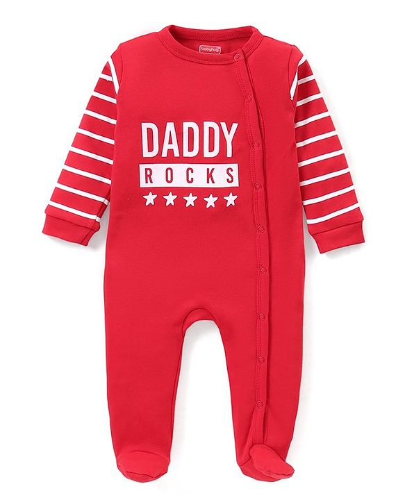 Babyhug Interlock Knit Full Sleeves Sleep Suit Striped & Text Print - Red