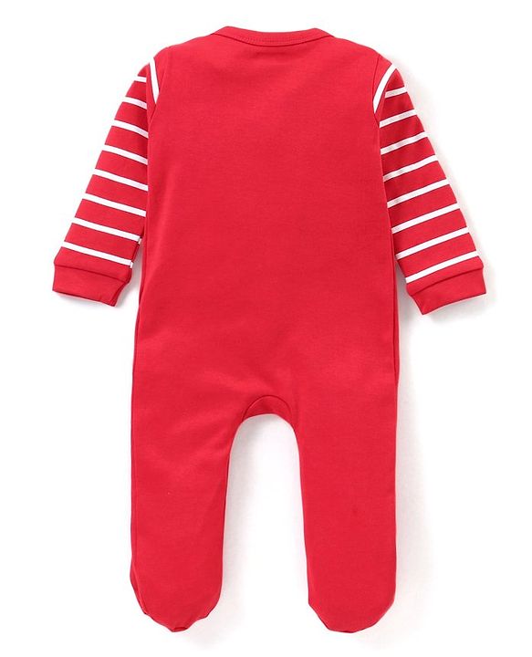 Babyhug Interlock Knit Full Sleeves Sleep Suit Striped & Text Print - Red