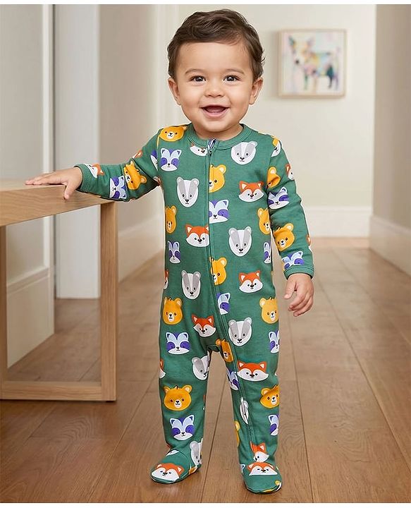 Babyhug Interlock Full Sleeves Sleepsuit with Wild Animals Print - Green