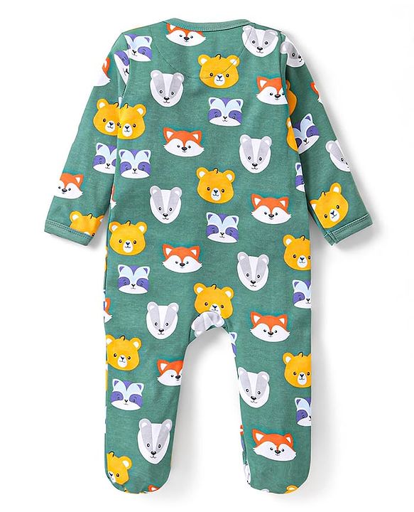 Babyhug Interlock Full Sleeves Sleepsuit with Wild Animals Print - Green