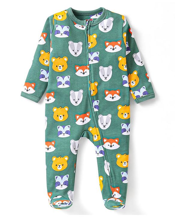 Babyhug Interlock Full Sleeves Sleepsuit with Wild Animals Print - Green