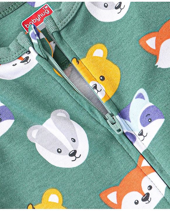 Babyhug Interlock Full Sleeves Sleepsuit with Wild Animals Print - Green