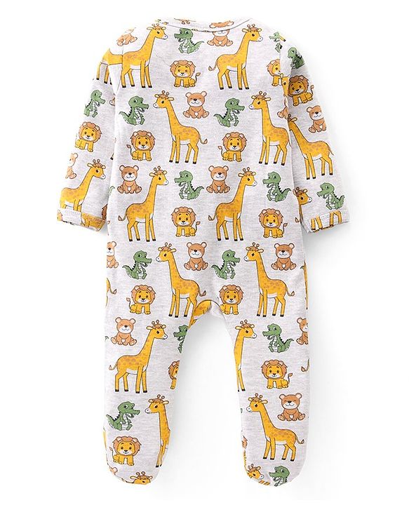 Babyhug Cotton Knit Full Sleeves Footed Sleep Suit with Animal Print - Grey