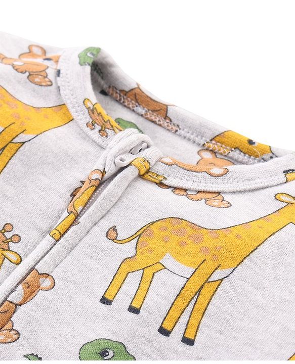 Babyhug Cotton Knit Full Sleeves Footed Sleep Suit with Animal Print - Grey