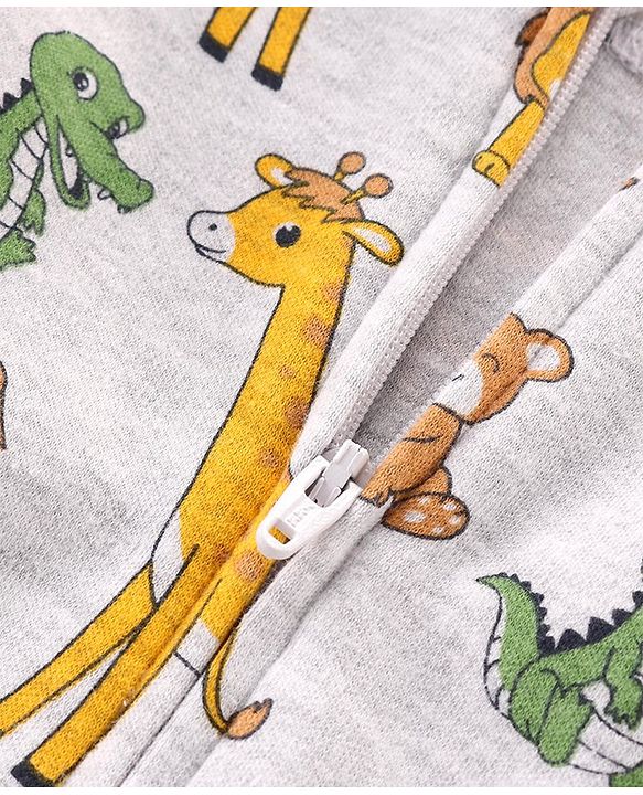 Babyhug Cotton Knit Full Sleeves Footed Sleep Suit with Animal Print - Grey