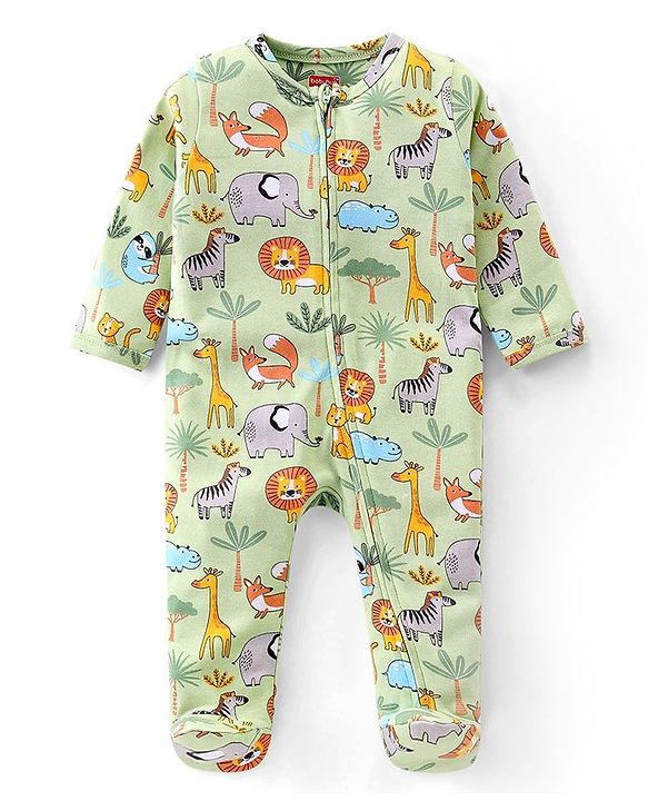 Babyhug Cotton Knit Full Sleeves Footed Night Suit with Wild  Animals Print - Green
