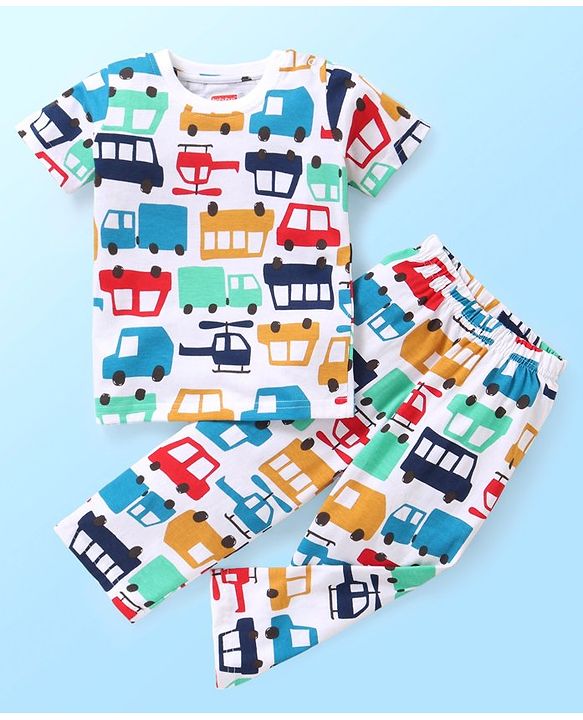 Babyhug Single Jersey Half Sleeves Night Suit Cars Print - White