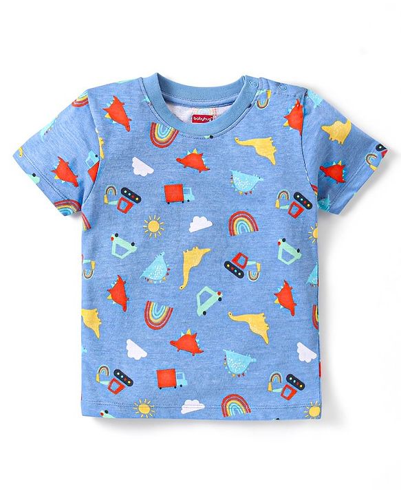 Babyhug Single Jersey Half Sleeves Night Suit Dino & Car Print - Blue