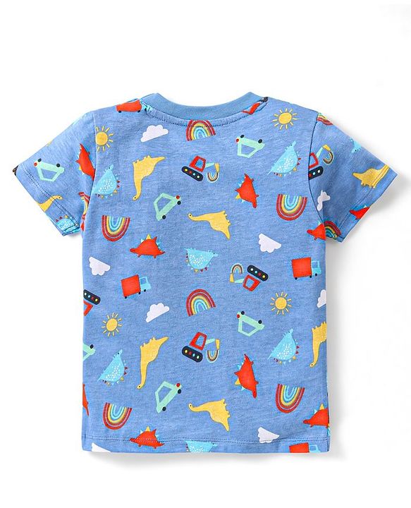 Babyhug Single Jersey Half Sleeves Night Suit Dino & Car Print - Blue