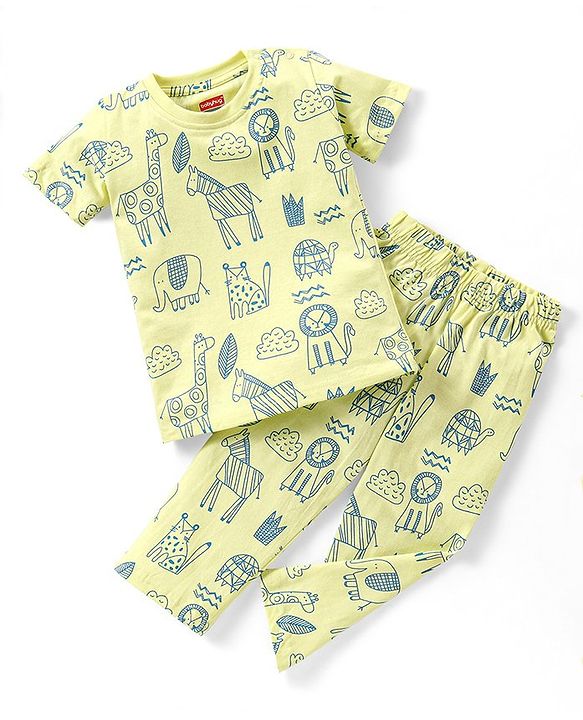 Babyhug Cotton Knit Half Sleeves Lion Printed Night Suit - Green