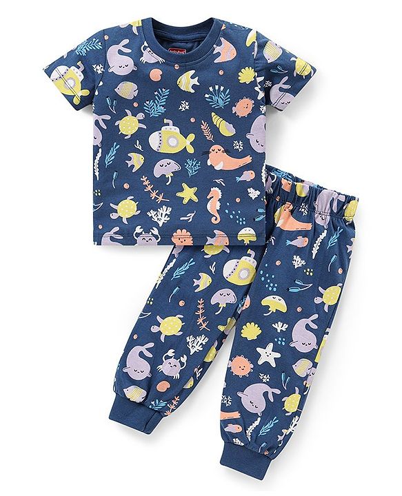 Babyhug Single Jersey Knit  Half Sleeves Night Suit with Sea Life Theme Print - Navy Blue