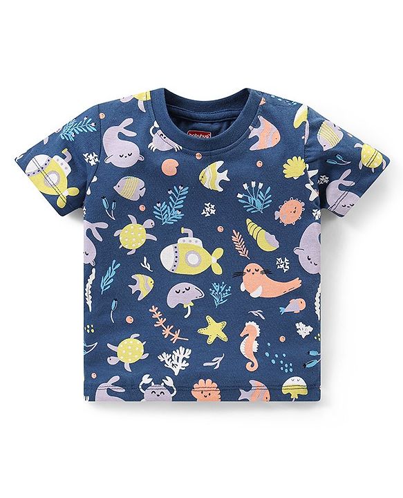 Babyhug Single Jersey Knit  Half Sleeves Night Suit with Sea Life Theme Print - Navy Blue
