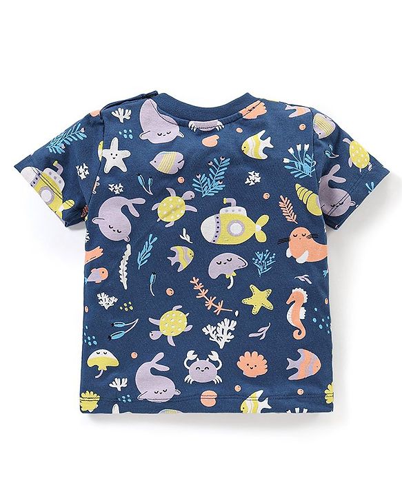 Babyhug Single Jersey Knit  Half Sleeves Night Suit with Sea Life Theme Print - Navy Blue