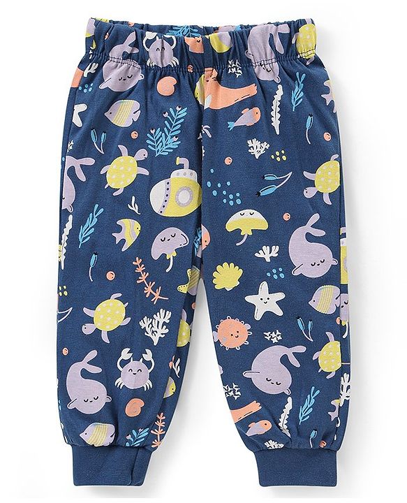 Babyhug Single Jersey Knit  Half Sleeves Night Suit with Sea Life Theme Print - Navy Blue