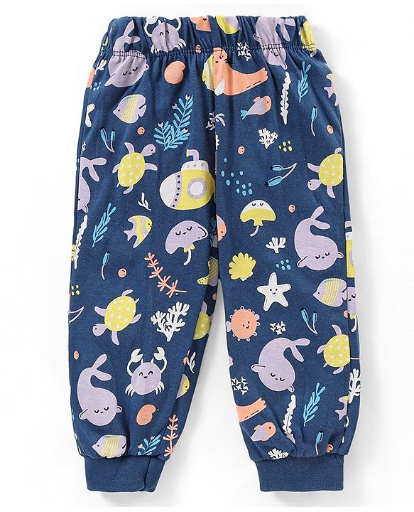 Babyhug Single Jersey Knit  Half Sleeves Night Suit with Sea Life Theme Print - Navy Blue