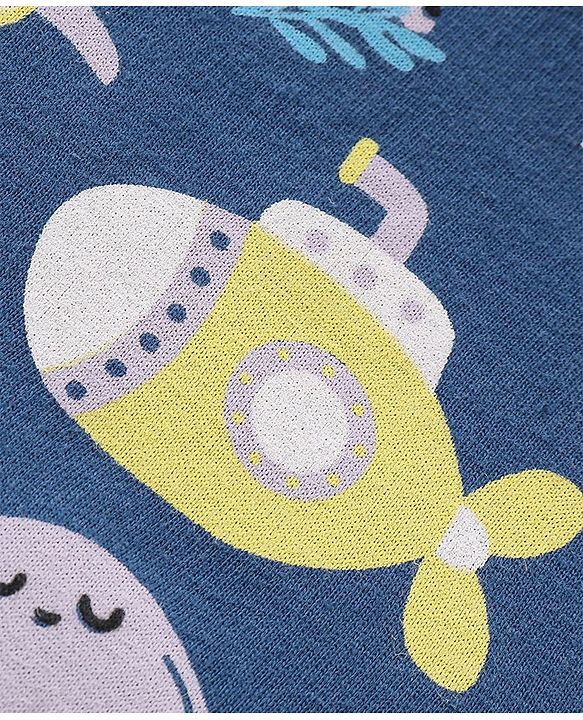 Babyhug Single Jersey Knit  Half Sleeves Night Suit with Sea Life Theme Print - Navy Blue