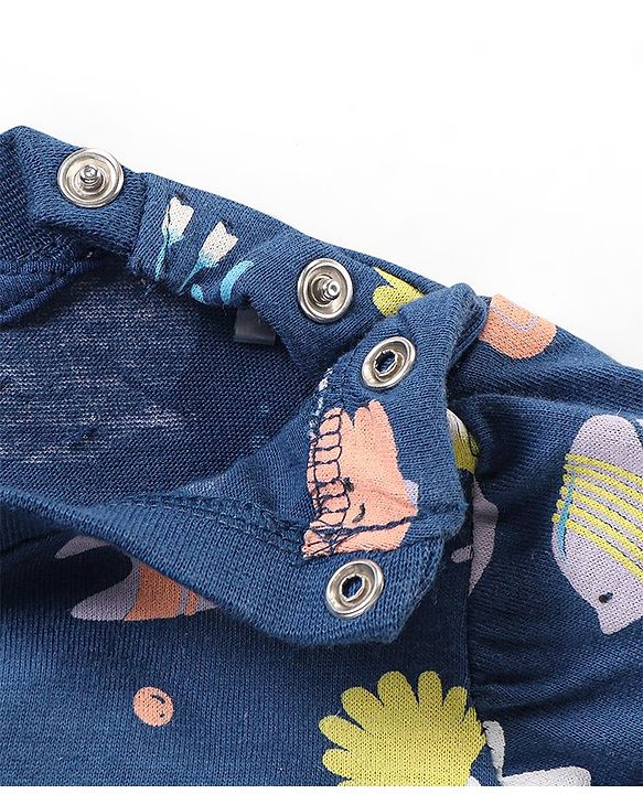 Babyhug Single Jersey Knit  Half Sleeves Night Suit with Sea Life Theme Print - Navy Blue