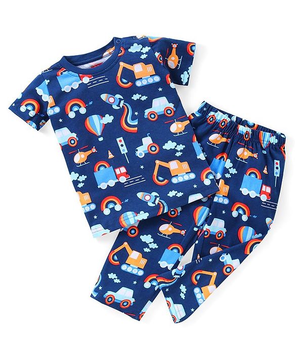 Babyhug Single Jersey Knit Half Sleeves Night Suit Vehicle Print - Navy Blue