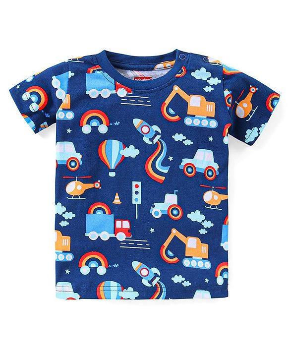 Babyhug Single Jersey Knit Half Sleeves Night Suit Vehicle Print - Navy Blue
