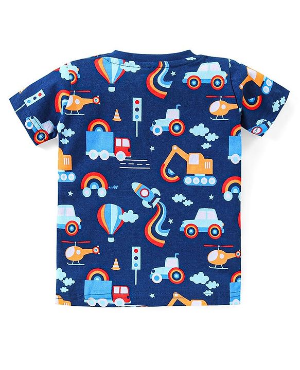 Babyhug Single Jersey Knit Half Sleeves Night Suit Vehicle Print - Navy Blue