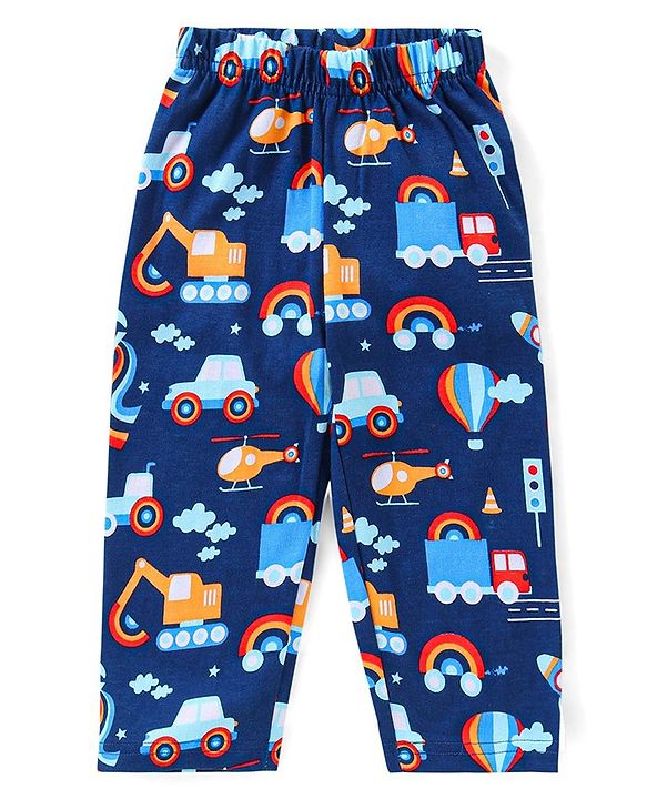 Babyhug Single Jersey Knit Half Sleeves Night Suit Vehicle Print - Navy Blue