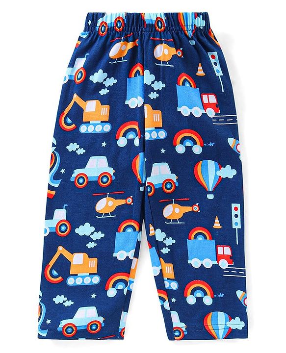 Babyhug Single Jersey Knit Half Sleeves Night Suit Vehicle Print - Navy Blue