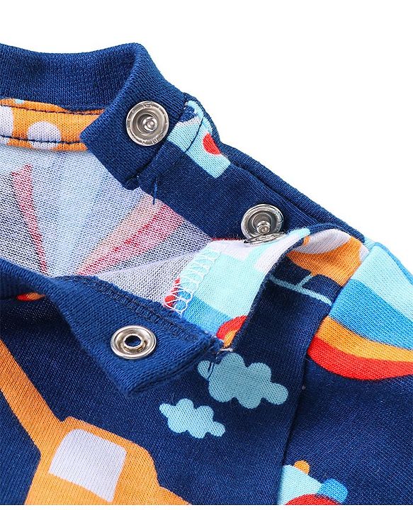 Babyhug Single Jersey Knit Half Sleeves Night Suit Vehicle Print - Navy Blue