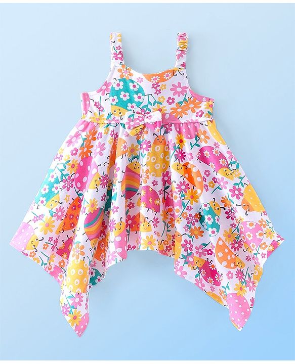 Babyhug Cotton Jersey Singlet Asymmetrical Frock with Bow Floral Print - White