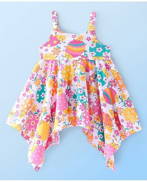 Babyhug Cotton Jersey Singlet Asymmetrical Frock with Bow Floral Print - White