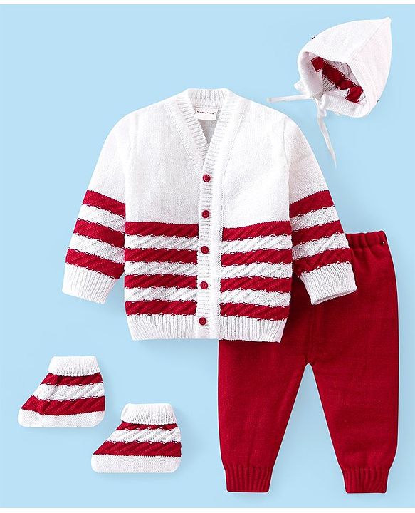 Babyhug Knitted Full Sleeves Striped Baby Sweater Set with Cap & Booties - White & Red