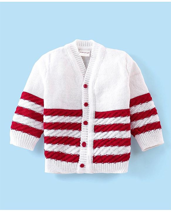 Babyhug Knitted Full Sleeves Striped Baby Sweater Set with Cap & Booties - White & Red
