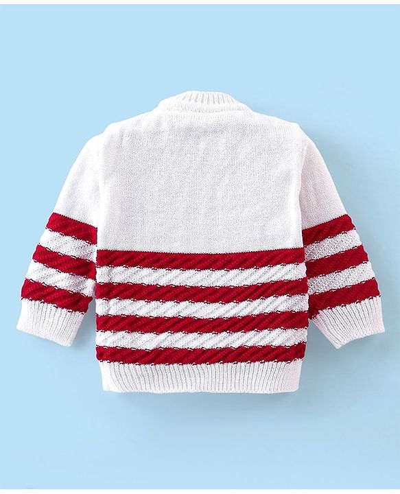 Babyhug Knitted Full Sleeves Striped Baby Sweater Set with Cap & Booties - White & Red