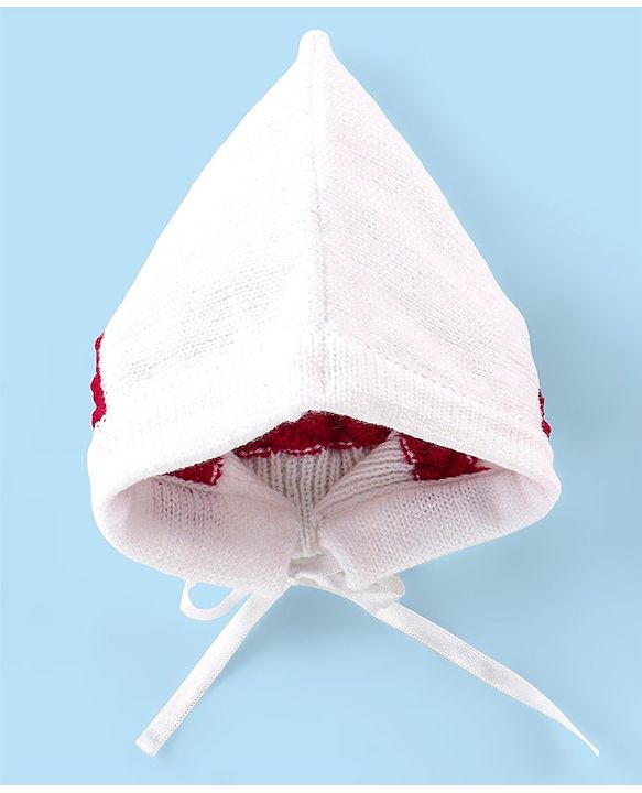 Babyhug Knitted Full Sleeves Striped Baby Sweater Set with Cap & Booties - White & Red