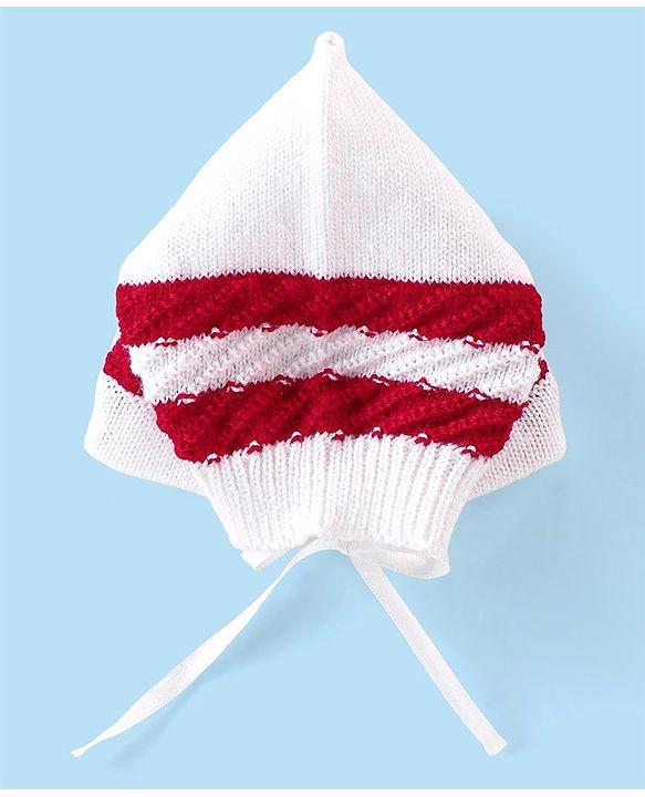 Babyhug Knitted Full Sleeves Striped Baby Sweater Set with Cap & Booties - White & Red