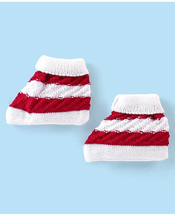 Babyhug Knitted Full Sleeves Striped Baby Sweater Set with Cap & Booties - White & Red