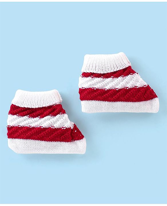 Babyhug Knitted Full Sleeves Striped Baby Sweater Set with Cap & Booties - White & Red