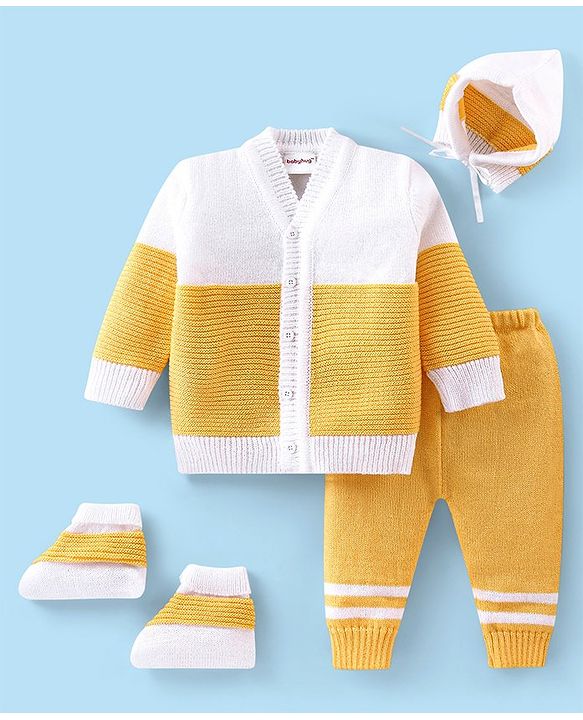 Babyhug Knitted Full Sleeves Striped Baby Sweater Set with Cap & Booties - White & Red
