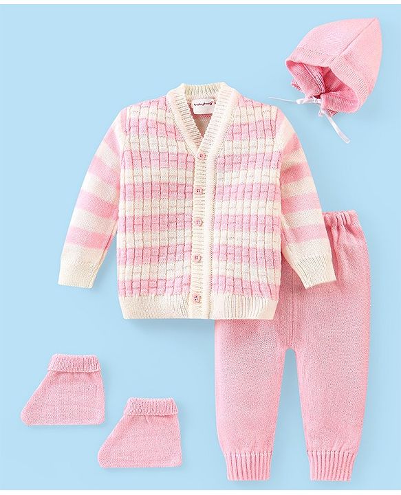 Babyhug Knitted Full Sleeves Striped Baby Sweater Set with Cap & Booties - White & Pink