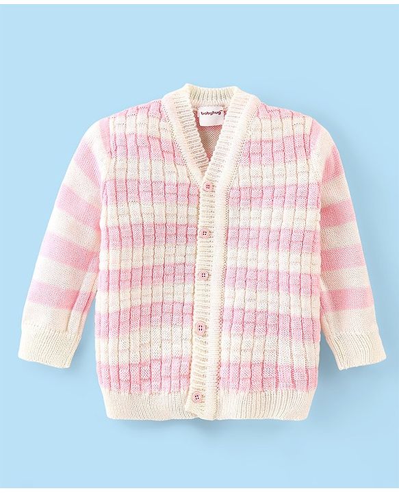 Babyhug Knitted Full Sleeves Striped Baby Sweater Set with Cap & Booties - White & Pink