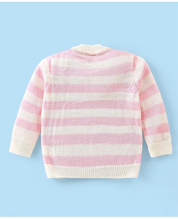 Babyhug Knitted Full Sleeves Striped Baby Sweater Set with Cap & Booties - White & Pink