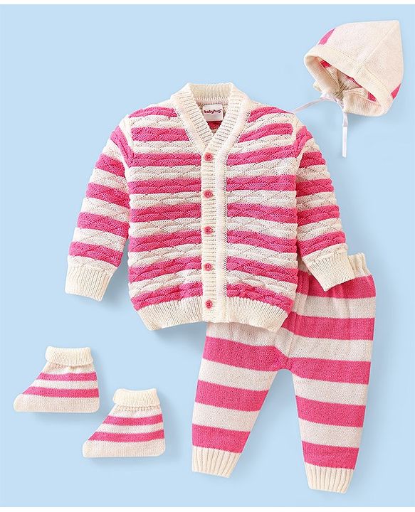 Babyhug Knitted Full Sleeves Striped Baby Sweater Set with Cap & Booties - White & Pink