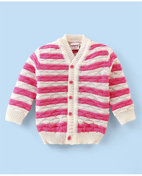 Babyhug Knitted Full Sleeves Striped Baby Sweater Set with Cap & Booties - White & Pink