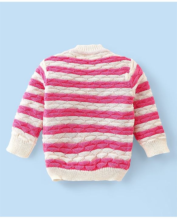 Babyhug Knitted Full Sleeves Striped Baby Sweater Set with Cap & Booties - White & Pink