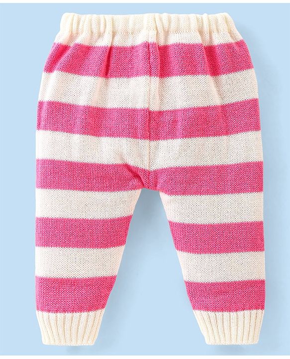 Babyhug Knitted Full Sleeves Striped Baby Sweater Set with Cap & Booties - White & Pink